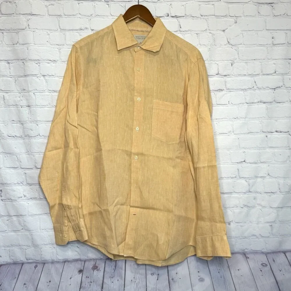 Banana Republic Men's M Linen Long Sleeve Button Up Shirt Yellow Peach Peach
